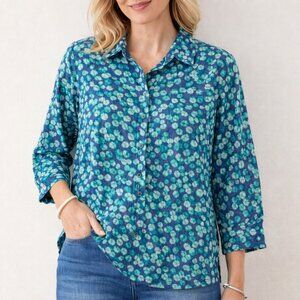 Coldwater Creek Women No Iron Blouse Petite PXL (16) Teal Blue Print 100% Cotton